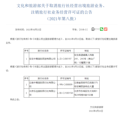 文旅部调整旅行社资质 取消1家出境旅游业务，注销2家旅行社业务